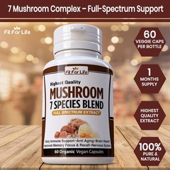 Organic Mushroom Complex 7 Blend Lions Mane Reishi Cordyceps Immune 60 Caps Lion