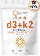 Vitamin D3 5,000 IU + K2 MK-7 100 Mcg, 300 Softgels | 2-In-1 Vitamins D & K Comp
