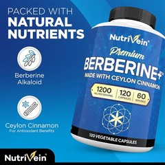 Nutrivein Premium Berberine HCL 1200 mg with Ceylon Cinnamon – 120 Capsules H…