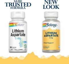 Solaray Lithium Aspartate (5 mg) 100 Vegetarian Capsules Each (Pack of 3)