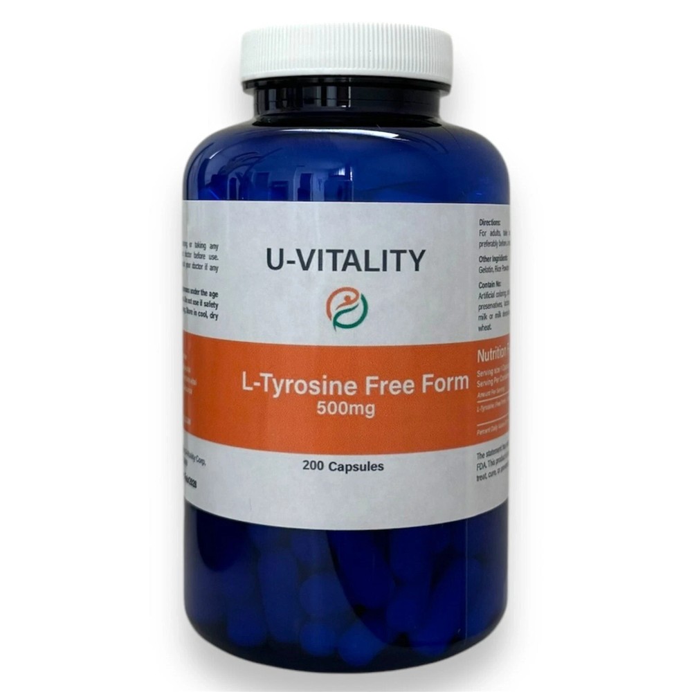 L-Tyrosine 500mg, 200 Capsules Amino Acid Dietary Supplement made in US