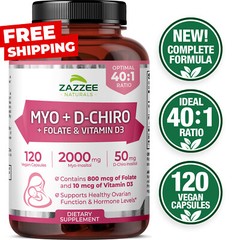 Zazzee Myo-Inositol + D-Chiro, with Folate (5-MTHF) + D3, 120 Vegan Capsules