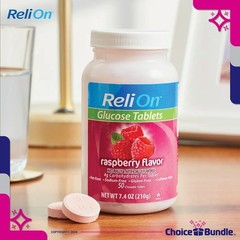ReliOn Glucose Tablets Raspberry 50 Ct + Pill Container Food Guide 3 Pack
