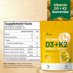 Vitamin D3 K2 60 Gummies 10000IU D3 200mcg K2 Heart Health Immune Support