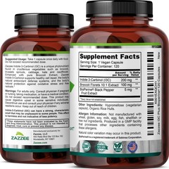 Indole-3-Carbinol (I3C) 120 Veggie Capsules 200 mg 100% Pure 10 mg BioPerine