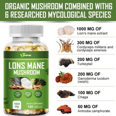 Organic Lions Mane Mushroom 1000mg Nootropic Brain Memory Focus Immune Support