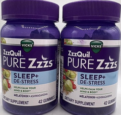 2PK Vicks ZzzQuil De Stress Ashwagandha + Melatonin ~ 42 Gummies EACH ~ EXP 2/27