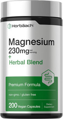 Horbäach Magnesium 230 Mg + Herbal Blend, 200 Vegan Capsules, Non-Gmo Supplement