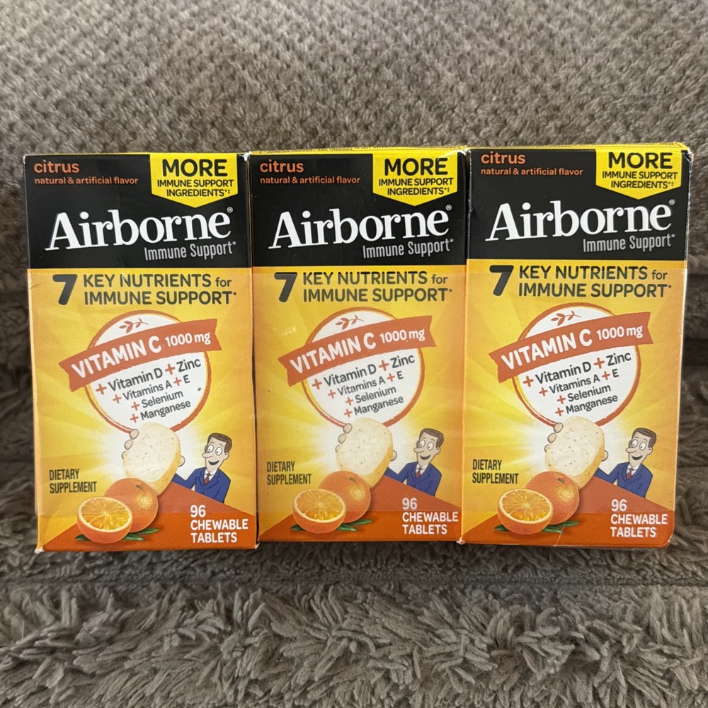 3PK Airborne Immune Support ~ 96 Chewable Tablets EACH ~ FLVR Citrus ~ EXP 10/27