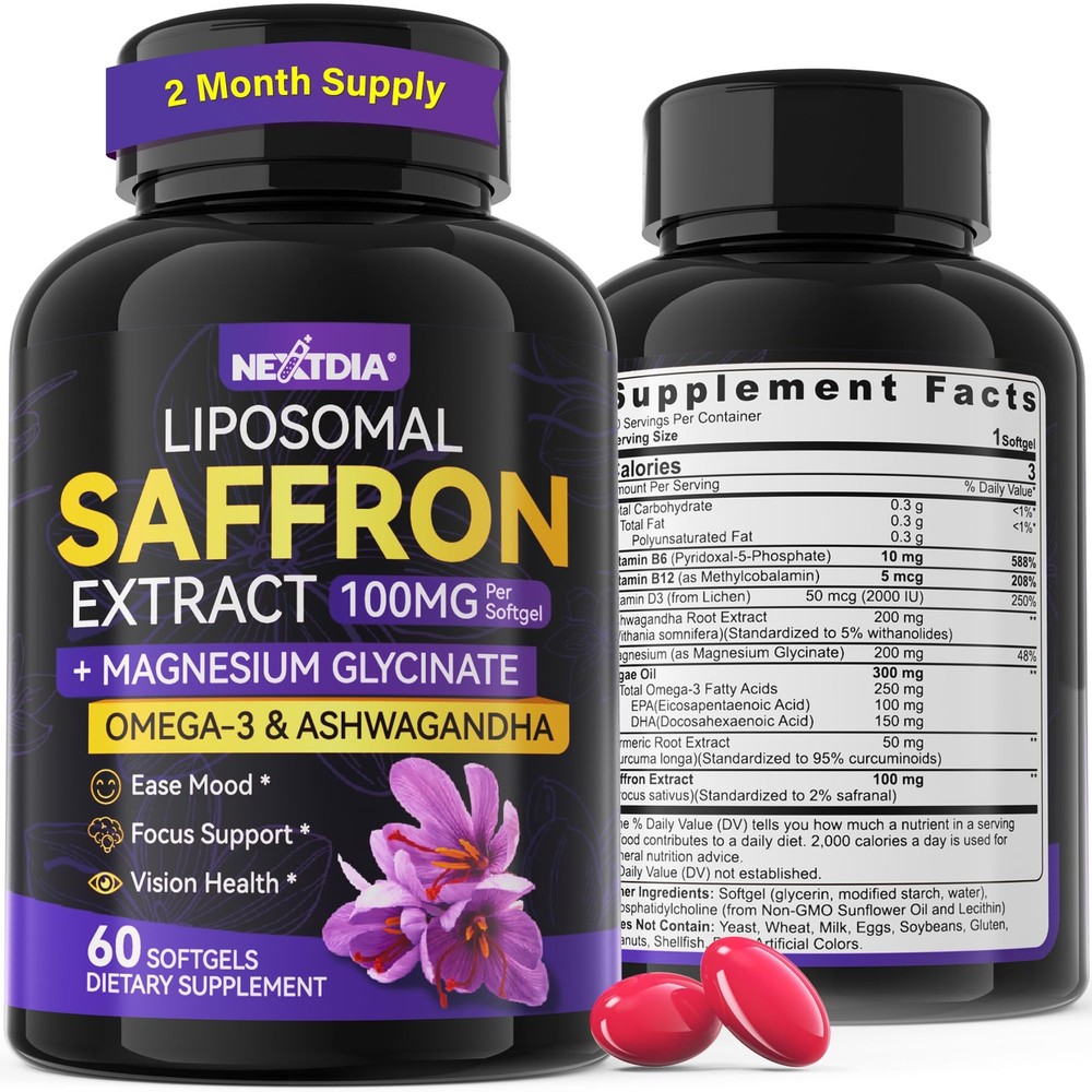 Nextdia Saffron Supplements – 100mg Liposomal High Absorption 100% Pure Saffr…