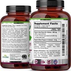 USDA Organic Beet Root 8000 mg Strength 20:1 Extract, 60 Vegan Capsules, Kosher