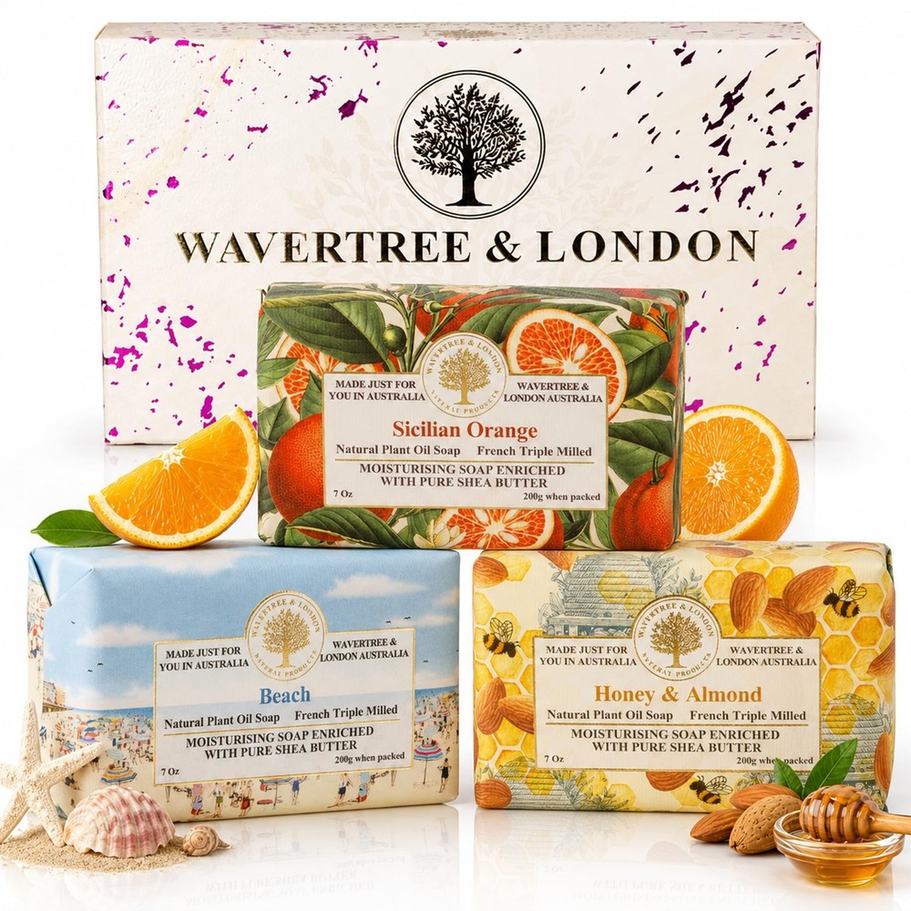 Wavertree & London Trio Gift Box (3 Bars) – 7oz Honey & Almond, Beach and Sic…