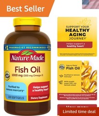 Purified Omega-3 Fish Oil 1000mg Softgels – 320 Count for Daily Heart Wellness