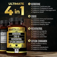 Earth Elixir 4-in-1 Berberine Supplement 1160mg 180 Caps w/ 180mg COQ10 380mg…