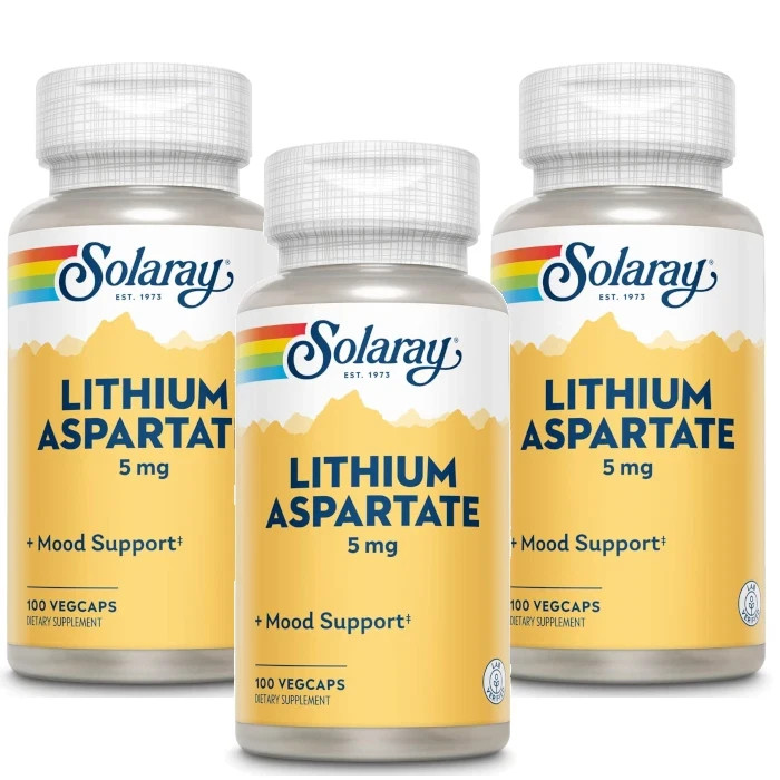 Solaray Lithium Aspartate (5 mg) 100 Vegetarian Capsules Each (Pack of 3)
