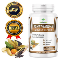 Ashwagandha Capsules 1300mg Serving Capsules W/Black Pepper Root Powder Organic