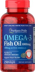 Puritan’s Pride Omega-3 Fish Oil 1000 mg (300 mg Active Omega-3) – 250 Softgels