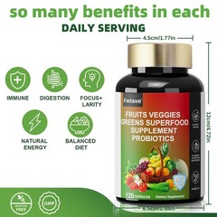 70 Fruits and Veggies Supplement | 120 Vcaps 5 Probiotics Superfood Multivitamin