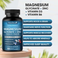 Magnesium Glycinate Capsules 500mg High Absorption Vitamin D3 B6 Sleep Support