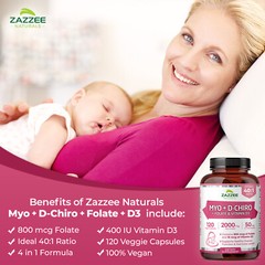 Zazzee Myo-Inositol + D-Chiro, with Folate (5-MTHF) + D3, 120 Vegan Capsules