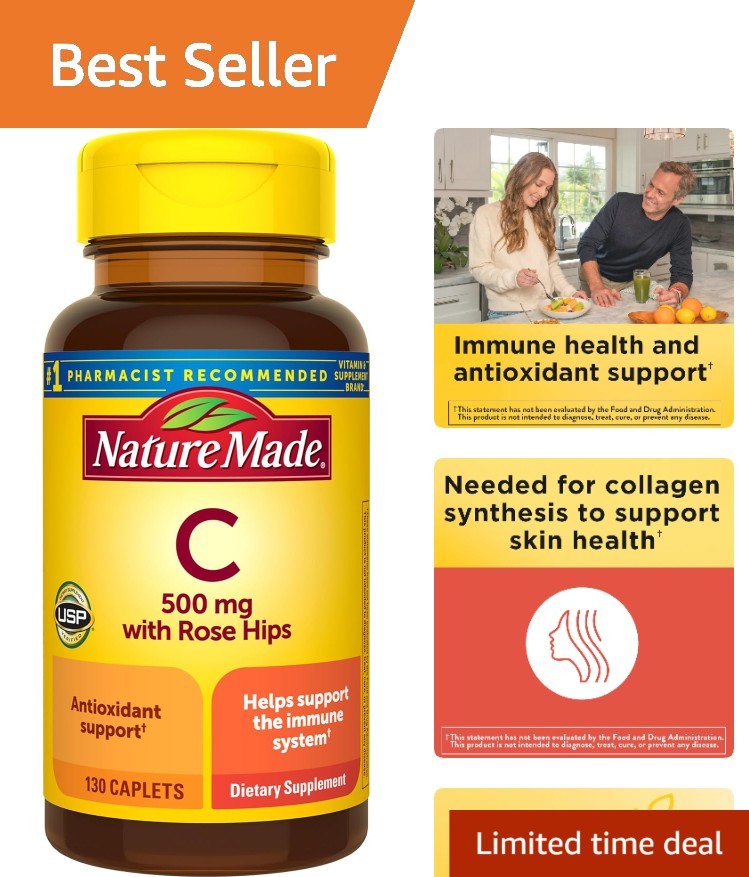 ImmuneBoost 500mg Vitamin C Caplets with Rose Hips – 130-Day Supply
