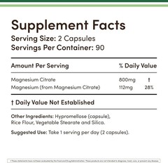 Magnesium Citrate Capsules 180 Capsules (Citrato De Magnesio) 800Mg Servings, Ve