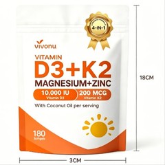 VivoNu 4-in-1 Vitamin D3 K2 10,000 IU Magnesium Zinc Citrate Supplement Softgels