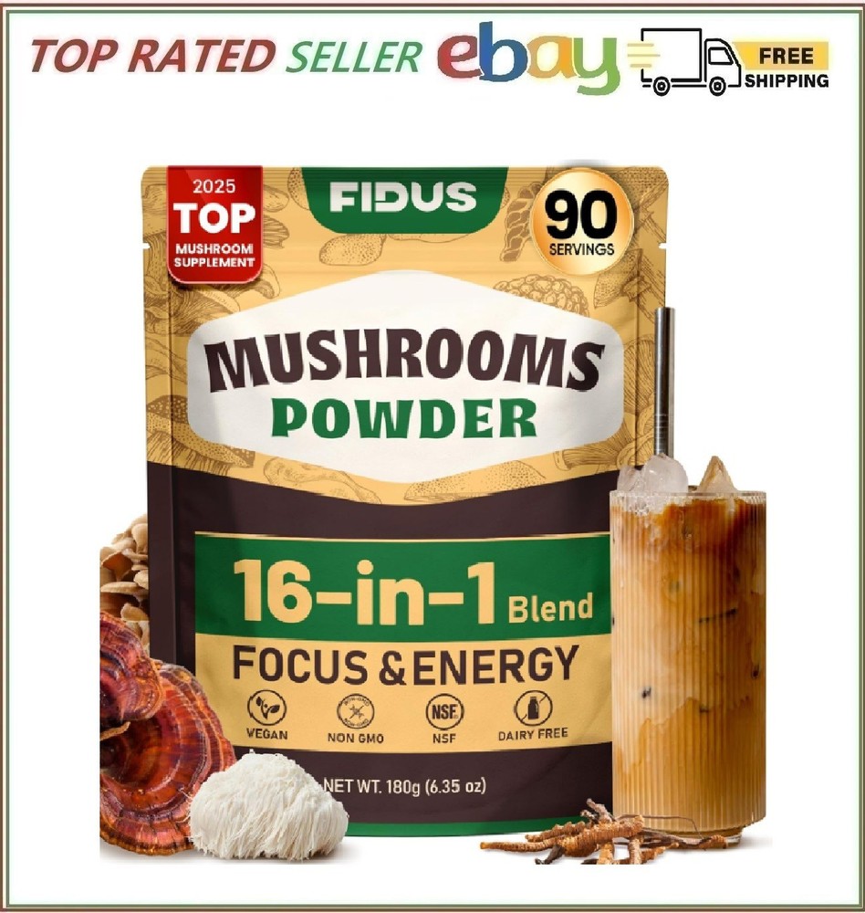 Fidus 16 Mushroom Supplement Powder with 17,300mg, 90 Day Servings Mushroom Coff