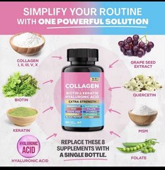 Collagen Peptides Types I, II, III, V & X MCG Biotin Keratin Hyaluronic Folate