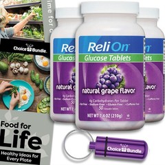 ReliOn Glucose Tablets Grape 50 Ct + Pill Container & Food Guide 3 Pack
