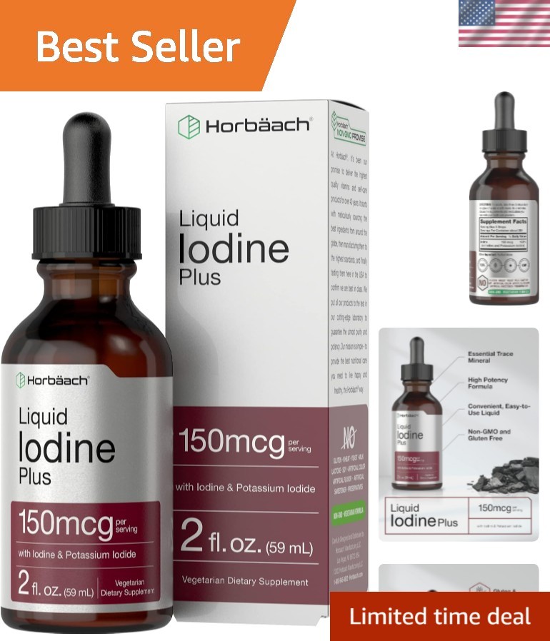 Horbaach Liquid Iodine Drops, 2 oz – 150 mcg Vegetarian Non-GMO Supplement