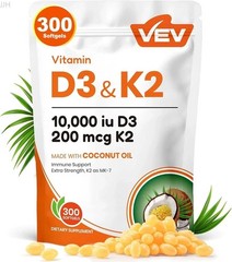 2 in 1 Vitamin D3 10000 IU with K2 300 Softgels Virgin Coconut Oil Daily Formula