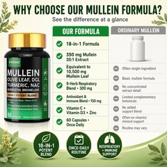 Mullein Leaf Extract 10,500mg Lung Cleanse Respiratory Herbal Capsules with NAC